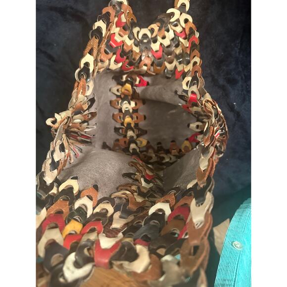 VINTAGE 60's 70's ALL LEATHER MULTI LINKS BOHO HIPPIE BAG W/ AQUA PANELS - Picture 5 of 5